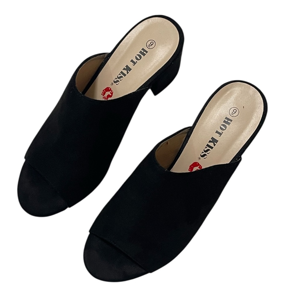 HOT KISS SUSAN CASUAL SUEDE OPEN-TOE MULE WOMENS BLOCK HELL BLACK COLOR SIZE 9 *